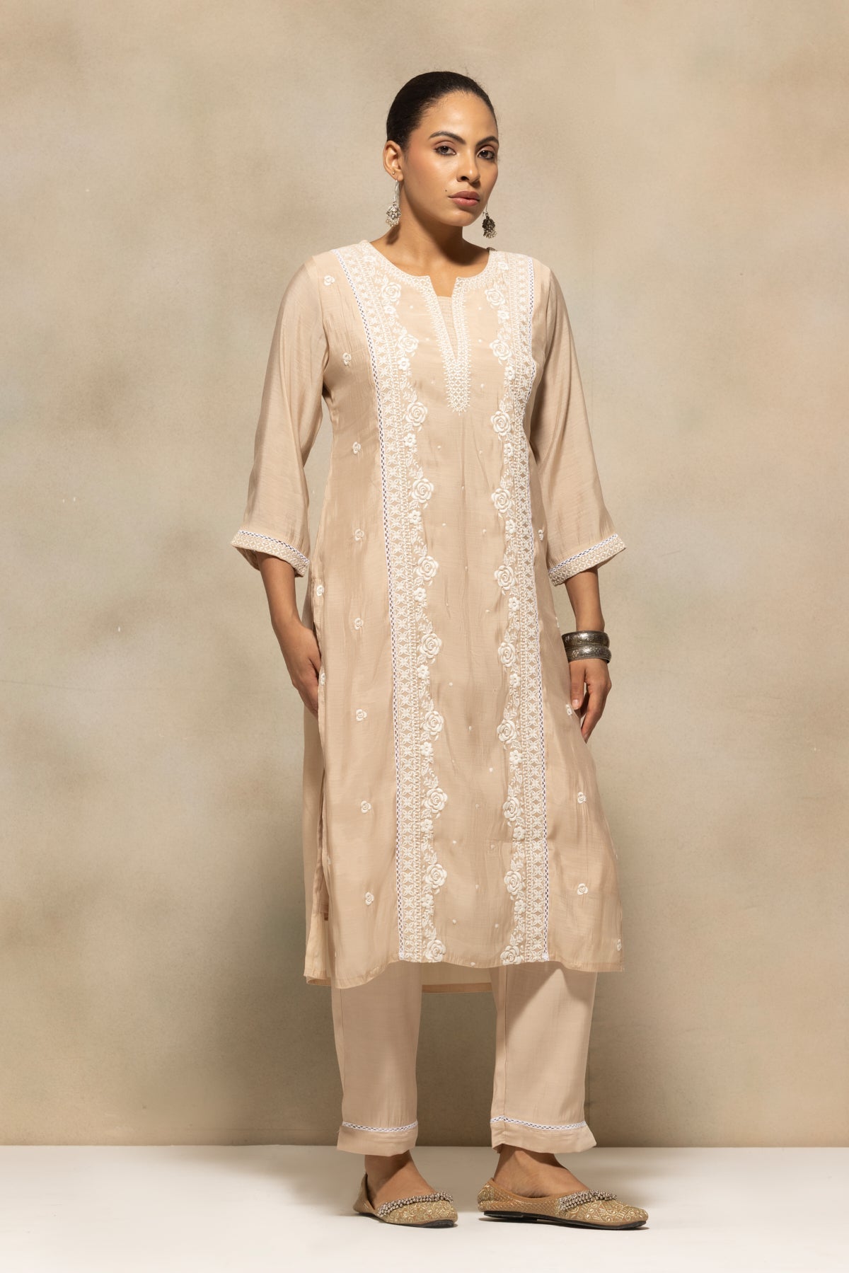 Beige Embroidered Kurta 3 Pcs Set