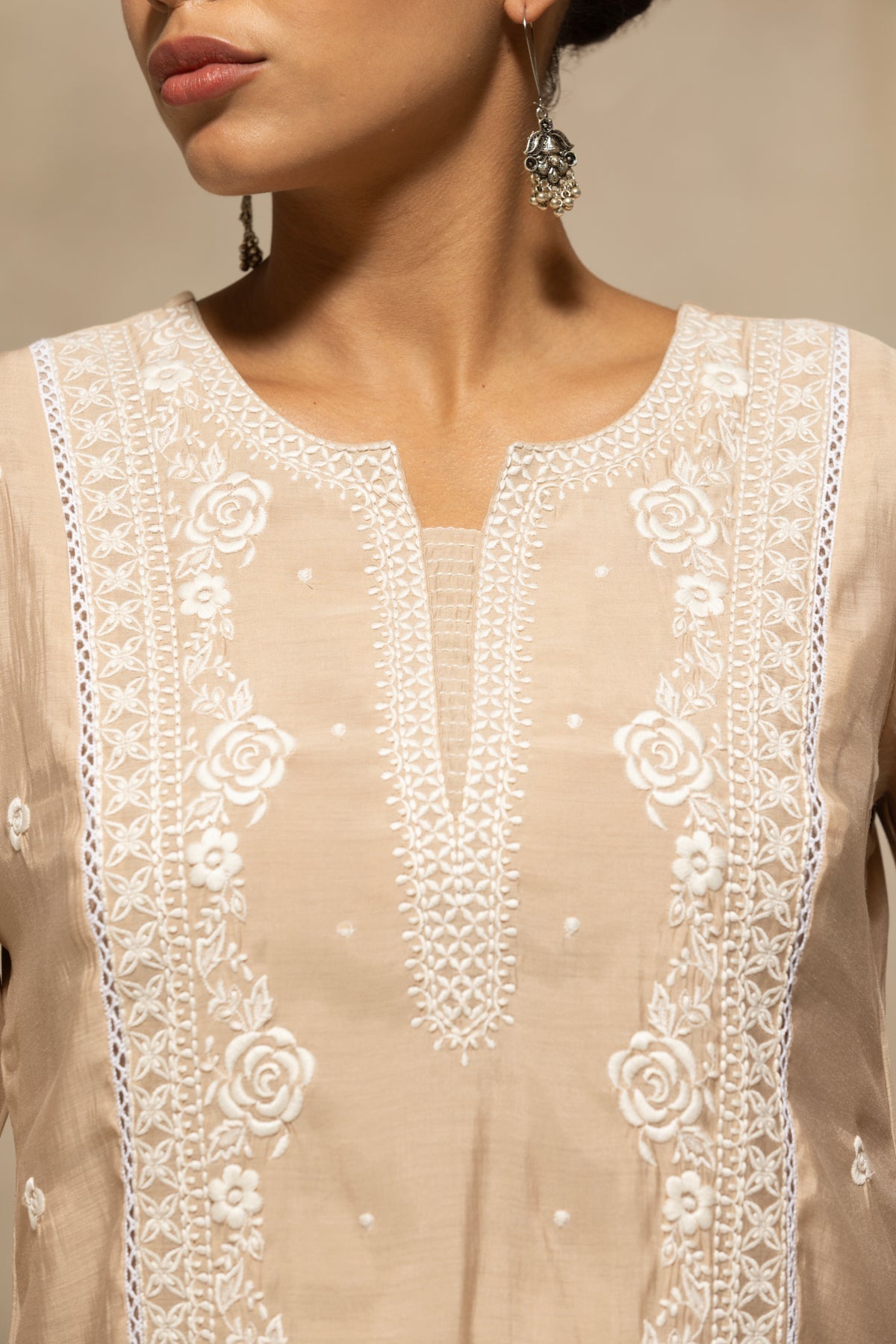 Beige Embroidered Kurta 3 Pcs Set