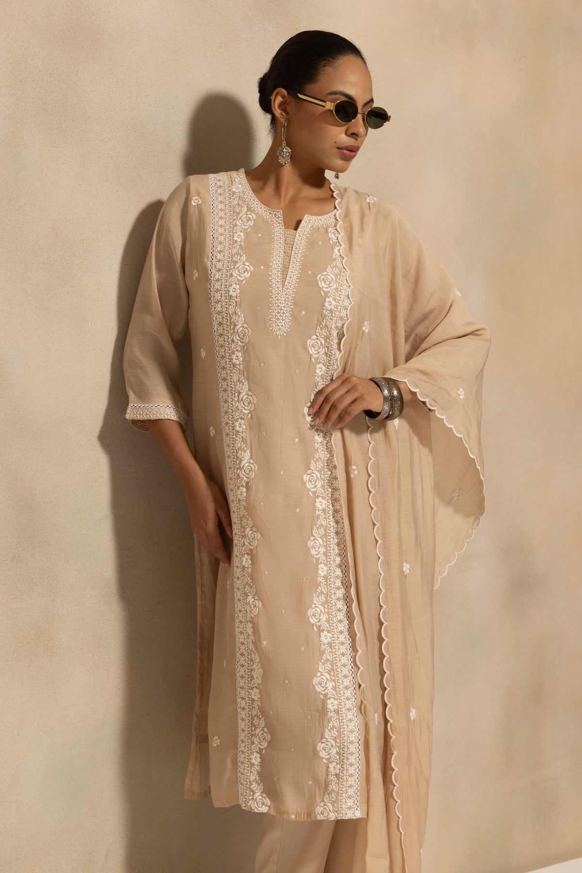 Beige Embroidered Kurta 3 Pcs Set