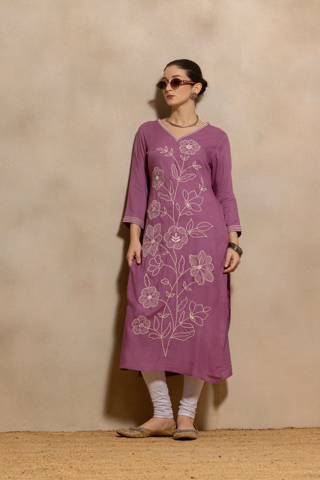 Purple Floral Embroidered Kurta