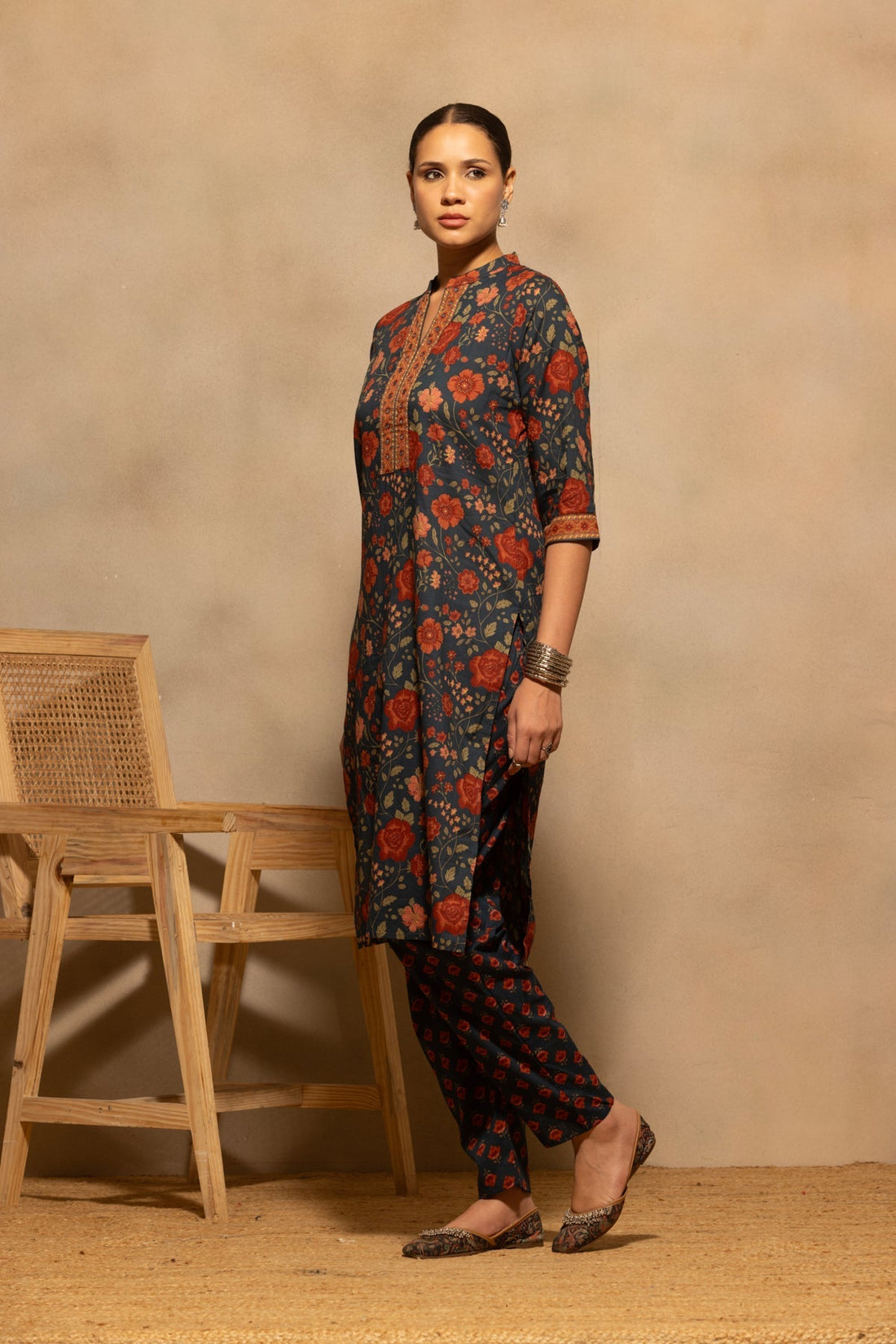 Teal Floral Printed Kurta 3 Pcs Set
