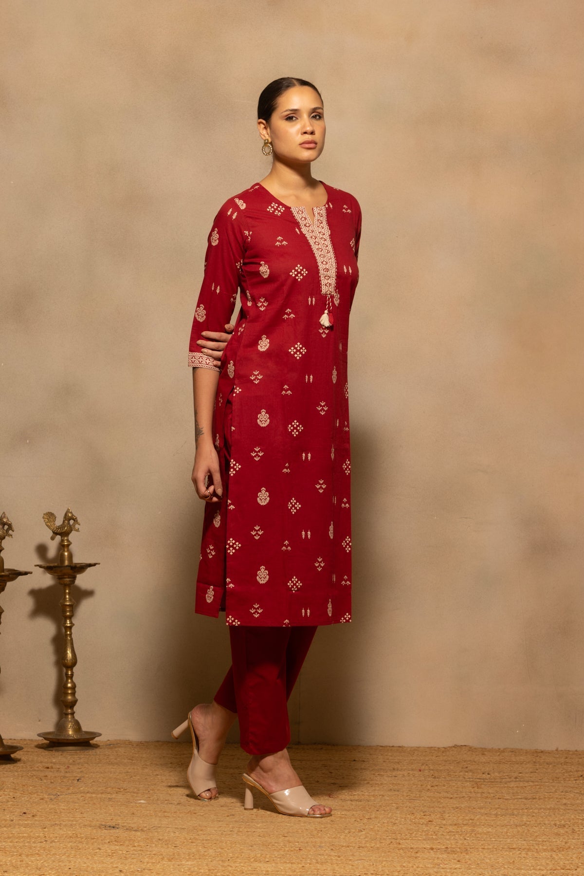 Maroon Printed Kurta 3 Pcs Set