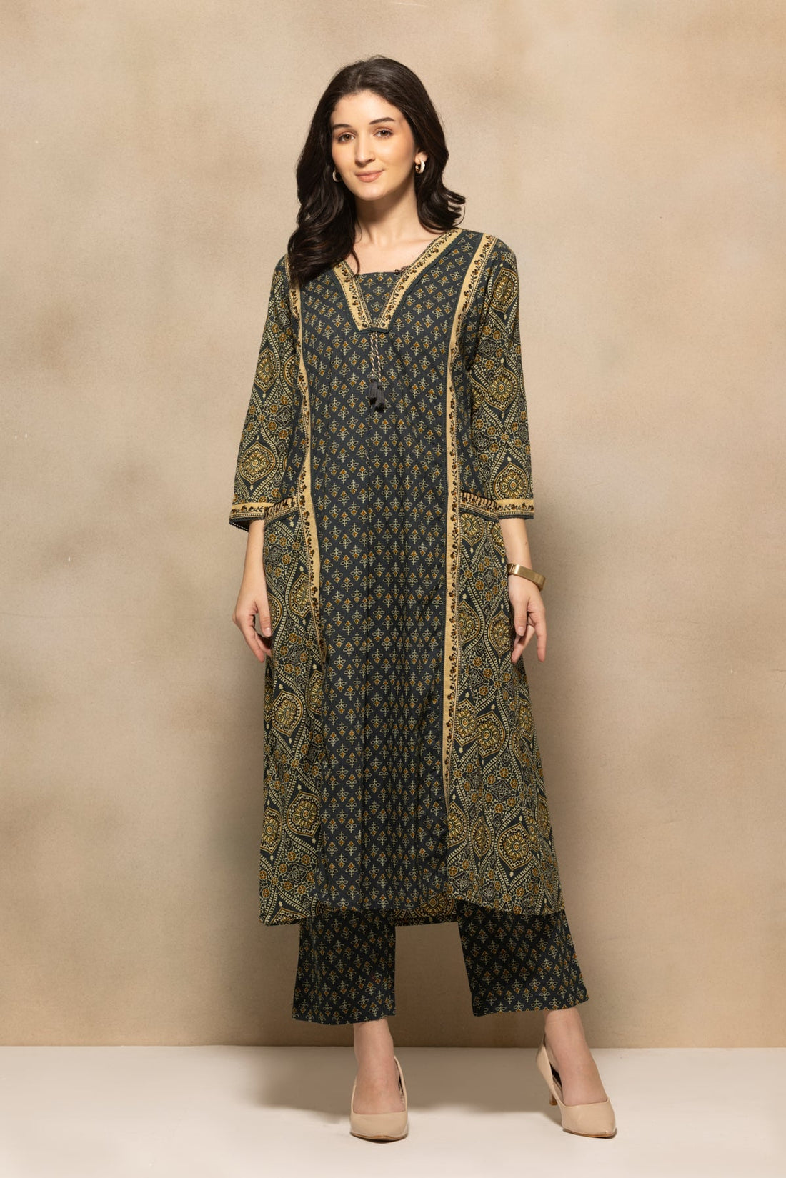 Teal Printed Flared Kurta 3 Pcs Set