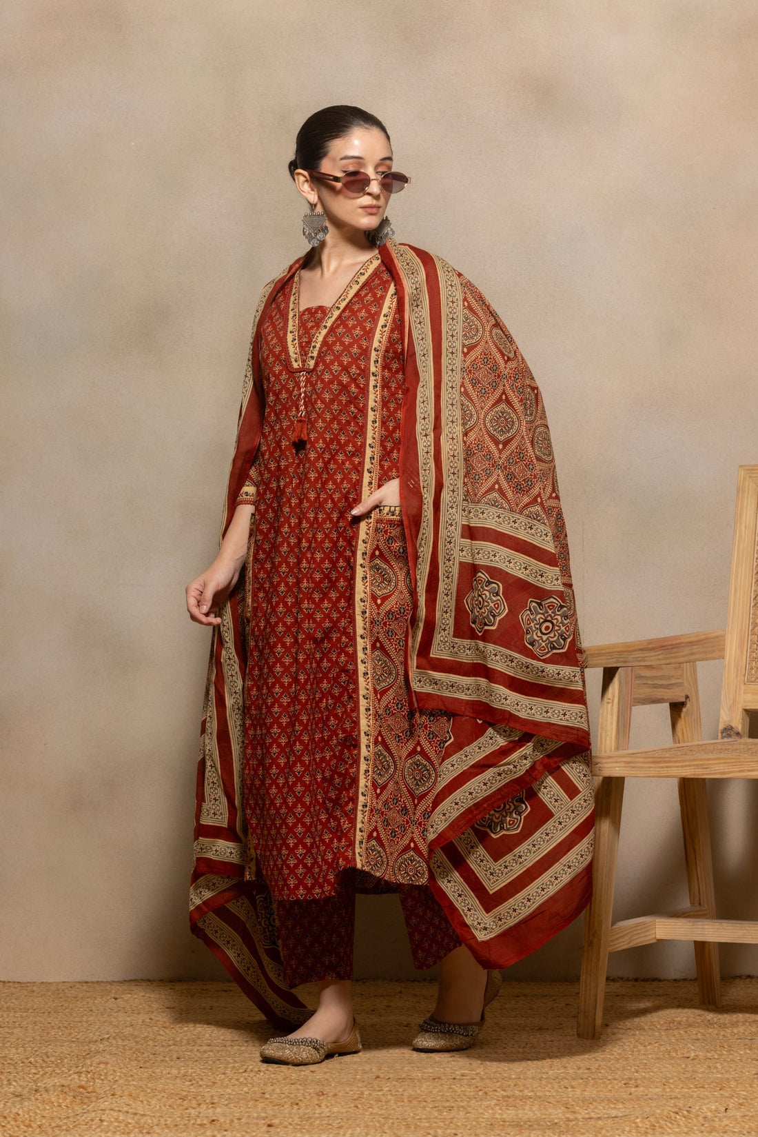 Rust Printed Flared Kurta 3 Pcs Set
