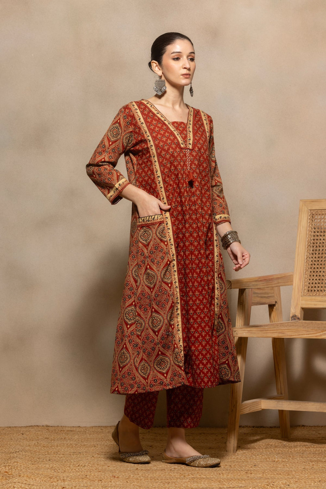 Rust Printed Flared Kurta 3 Pcs Set
