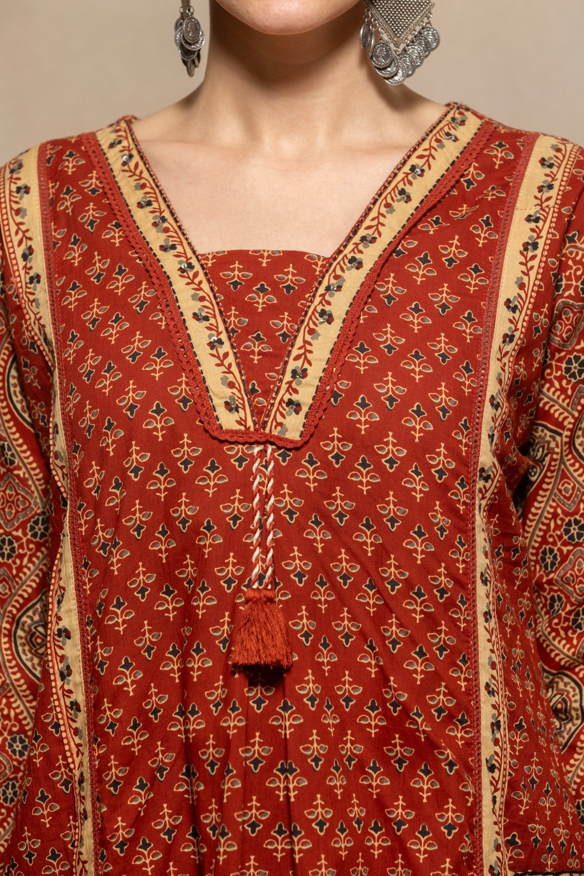 Rust Printed Flared Kurta 3 Pcs Set
