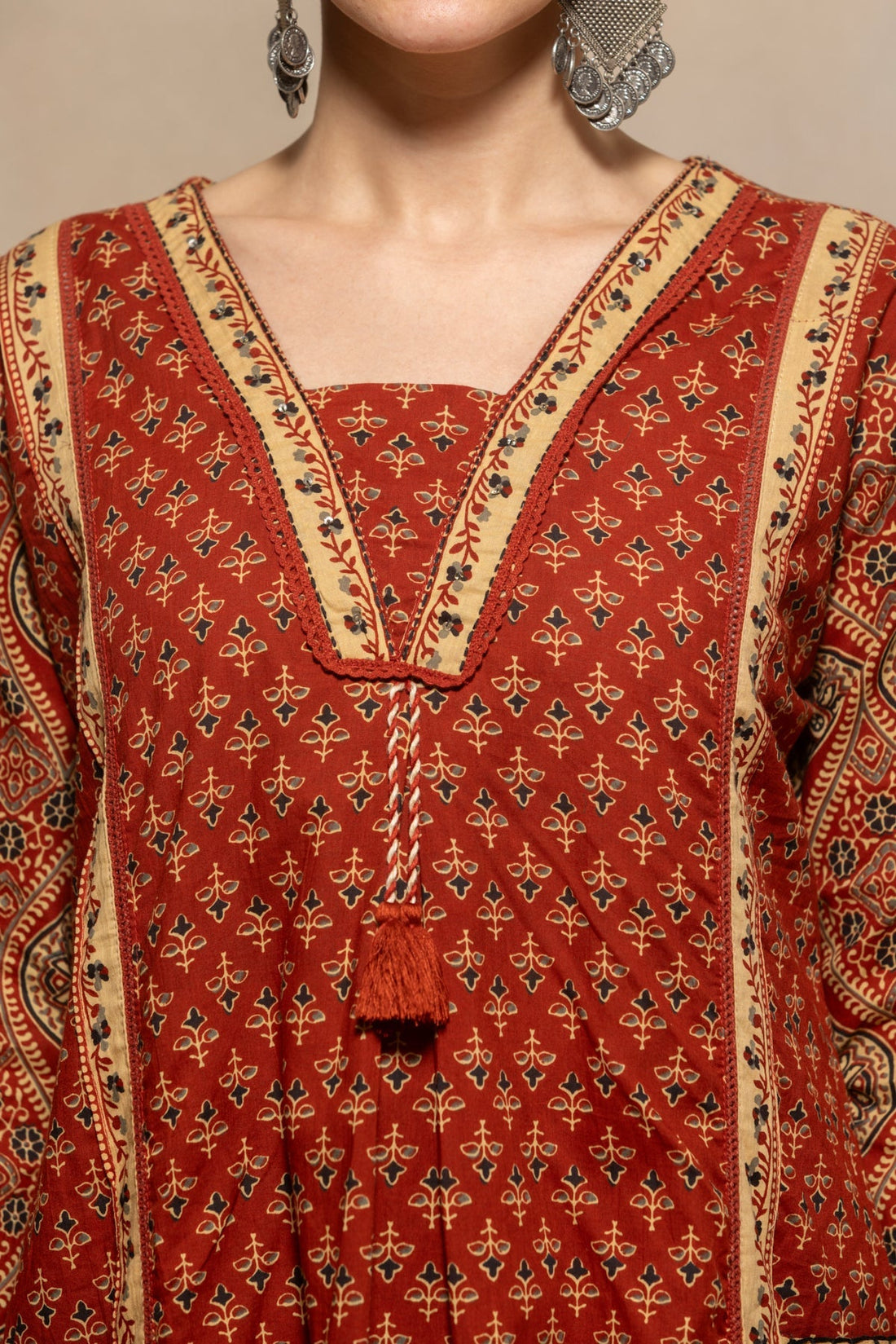 Rust Printed Flared Kurta 3 Pcs Set