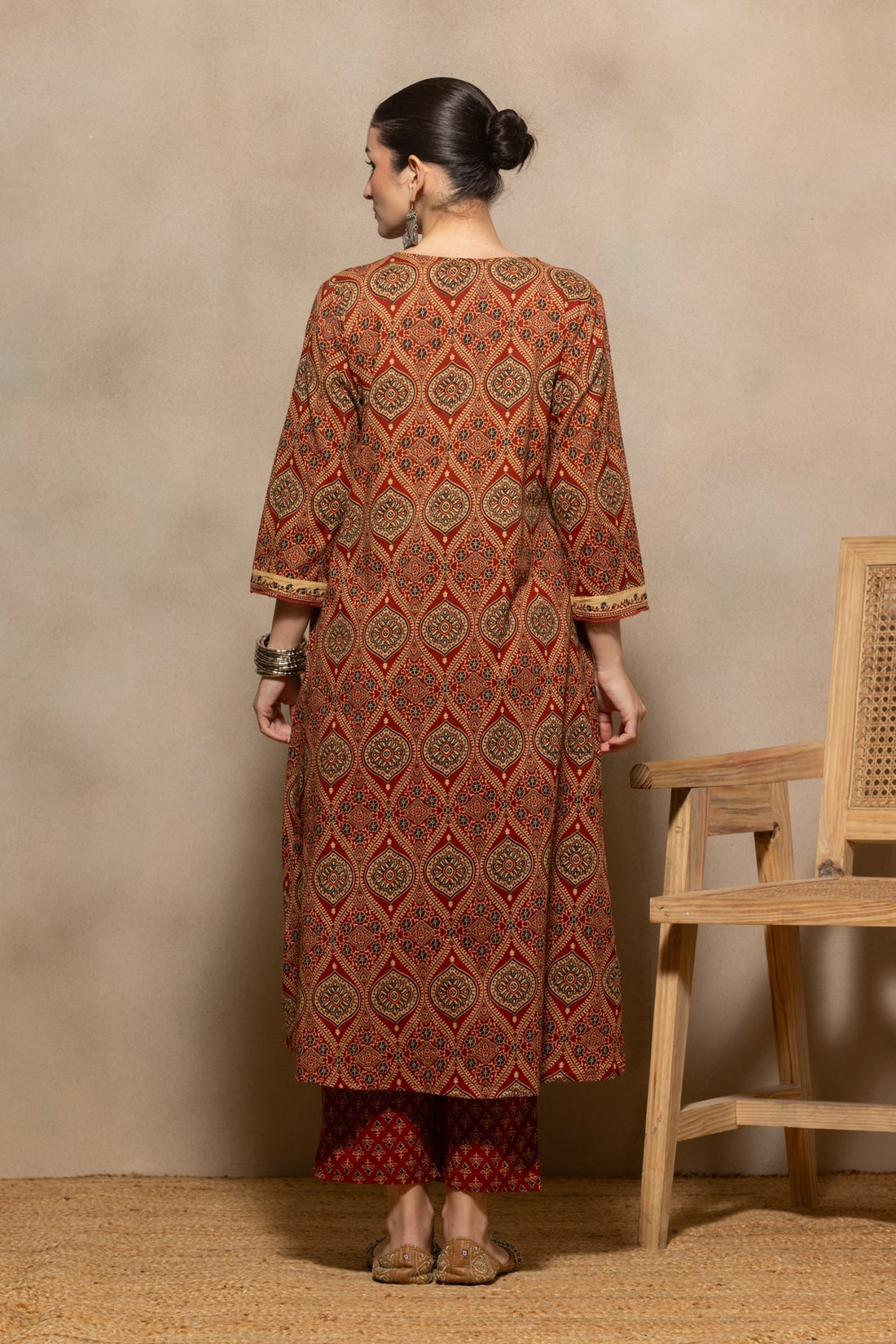 Rust Printed Flared Kurta 3 Pcs Set