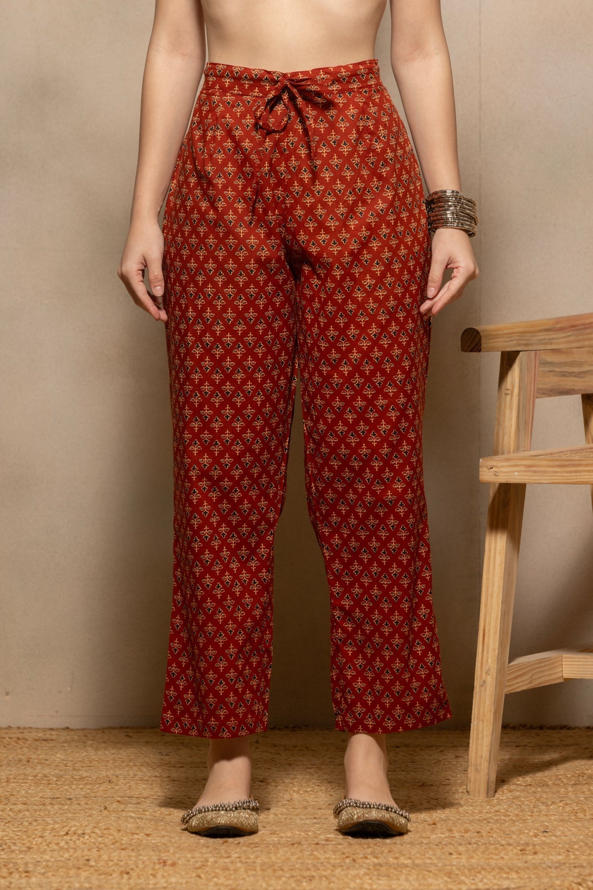 Rust Printed Flared Kurta 3 Pcs Set