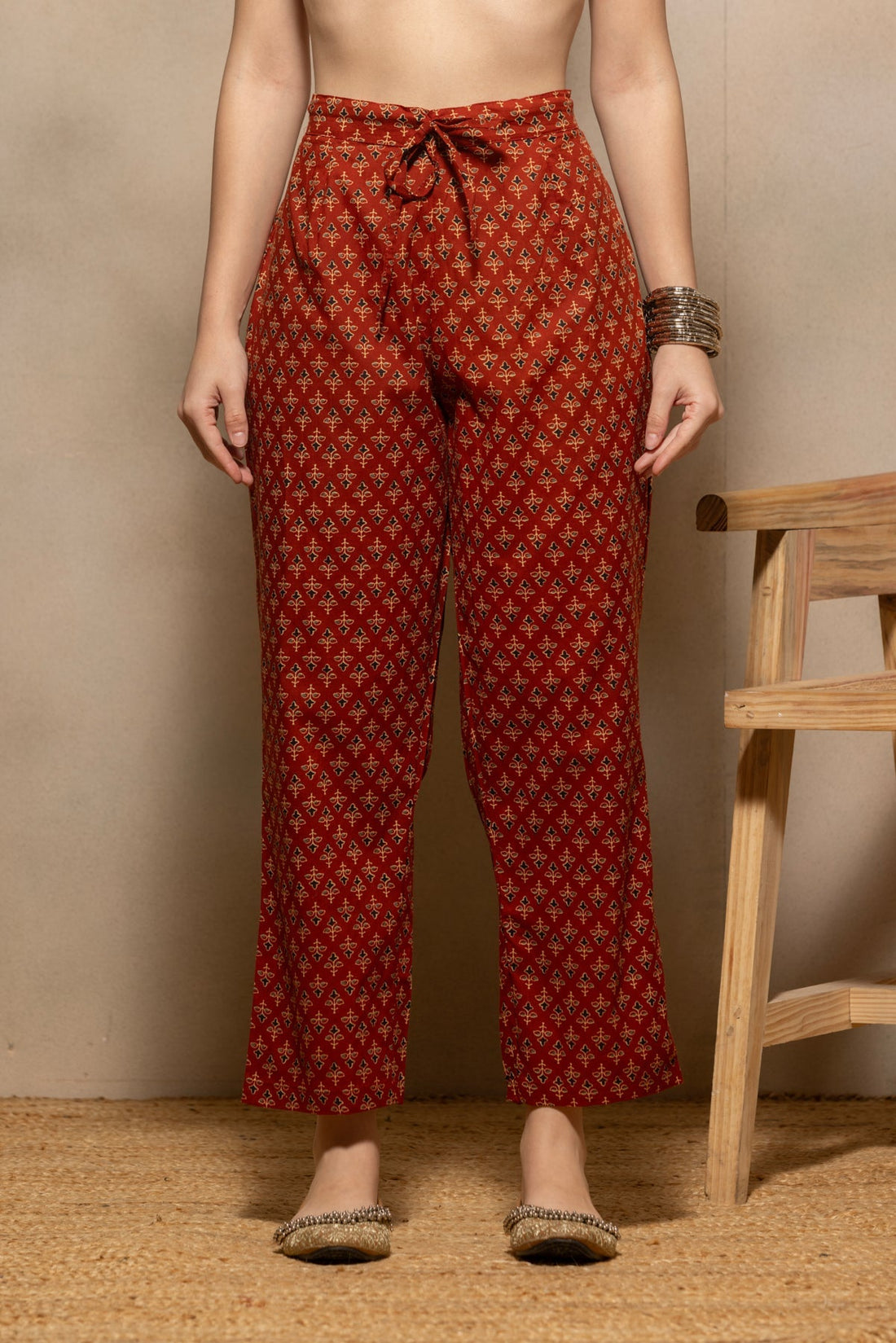 Rust Printed Flared Kurta 3 Pcs Set