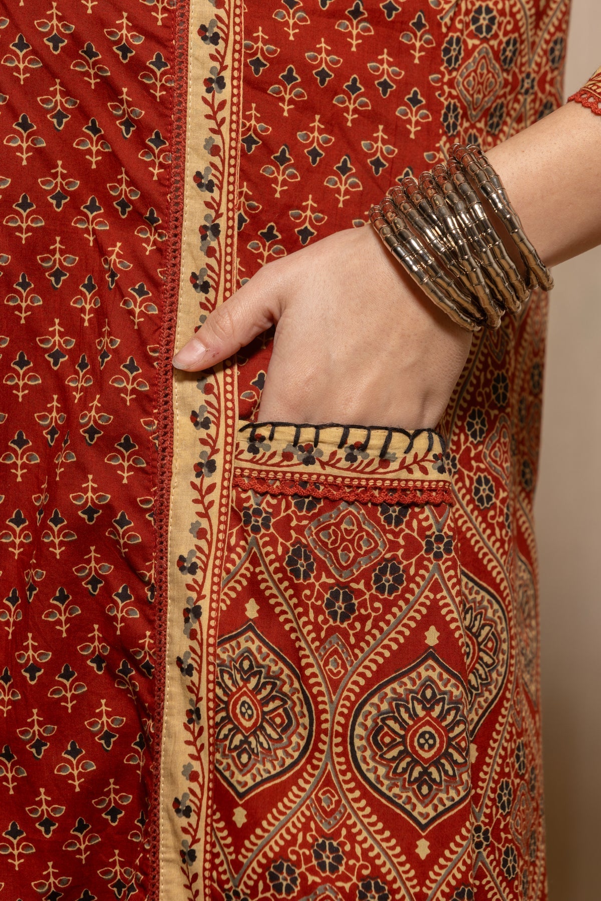 Rust Printed Flared Kurta 3 Pcs Set