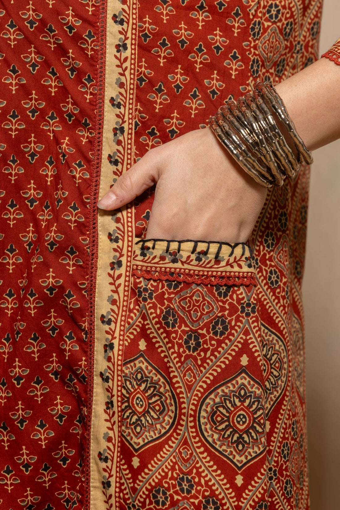 Rust Printed Flared Kurta 3 Pcs Set