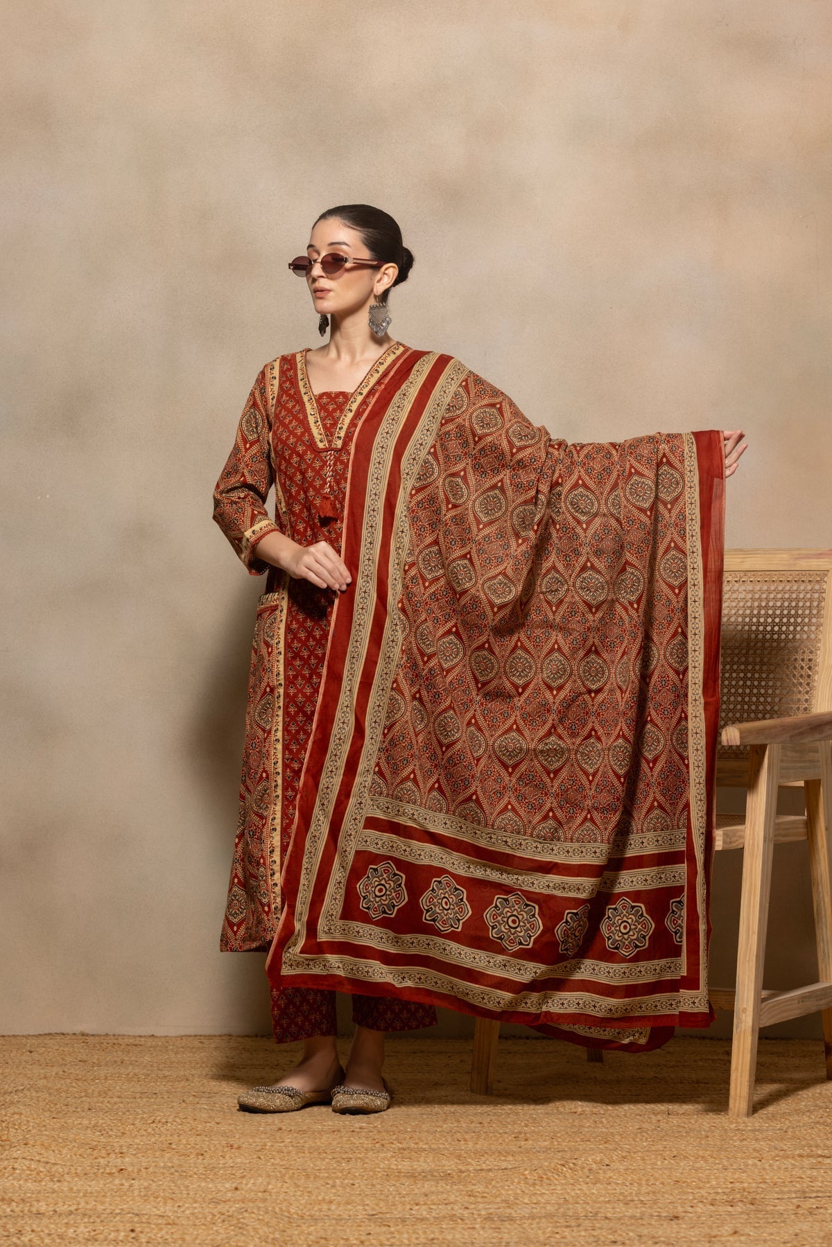 Rust Printed Flared Kurta 3 Pcs Set