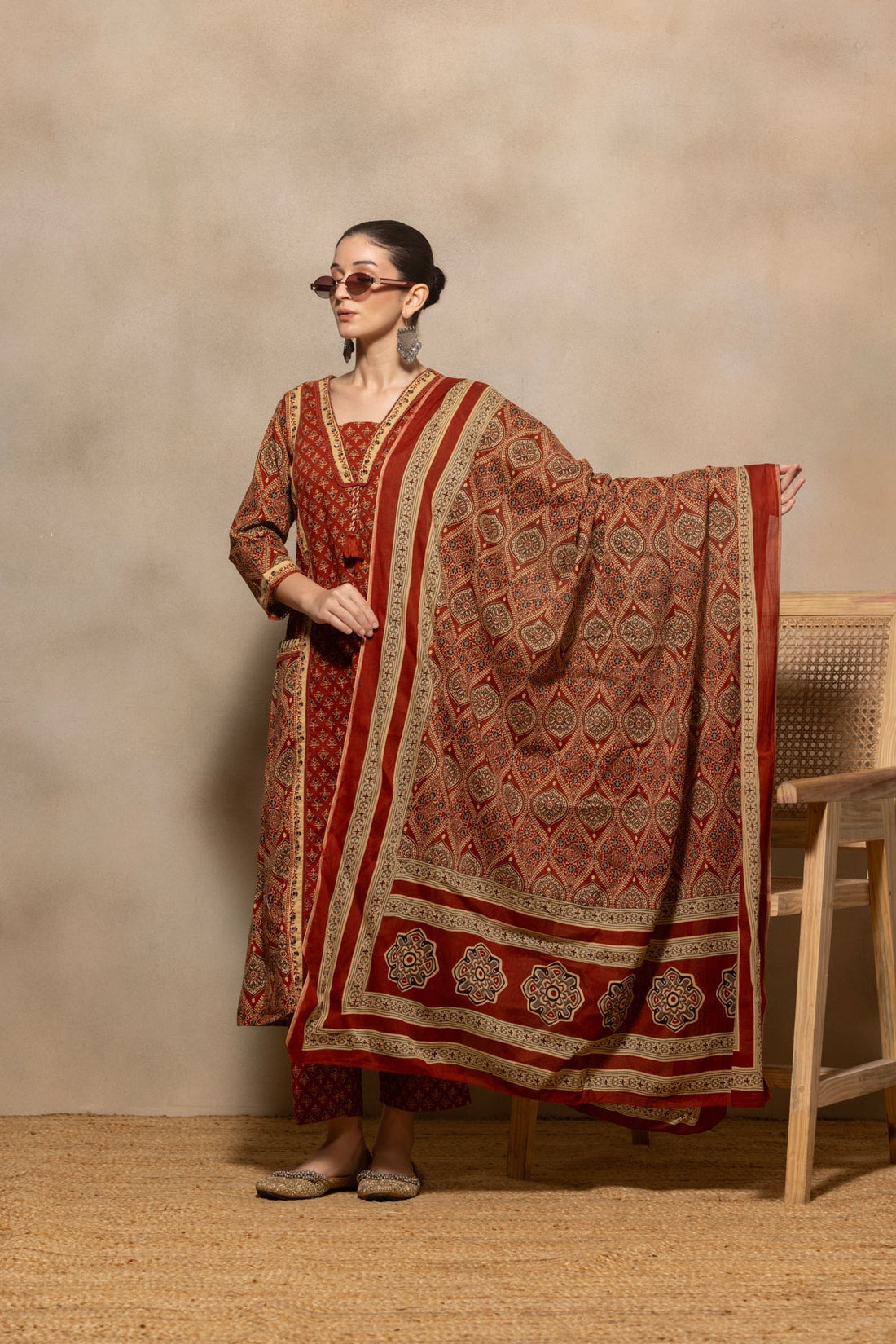 Rust Printed Flared Kurta 3 Pcs Set