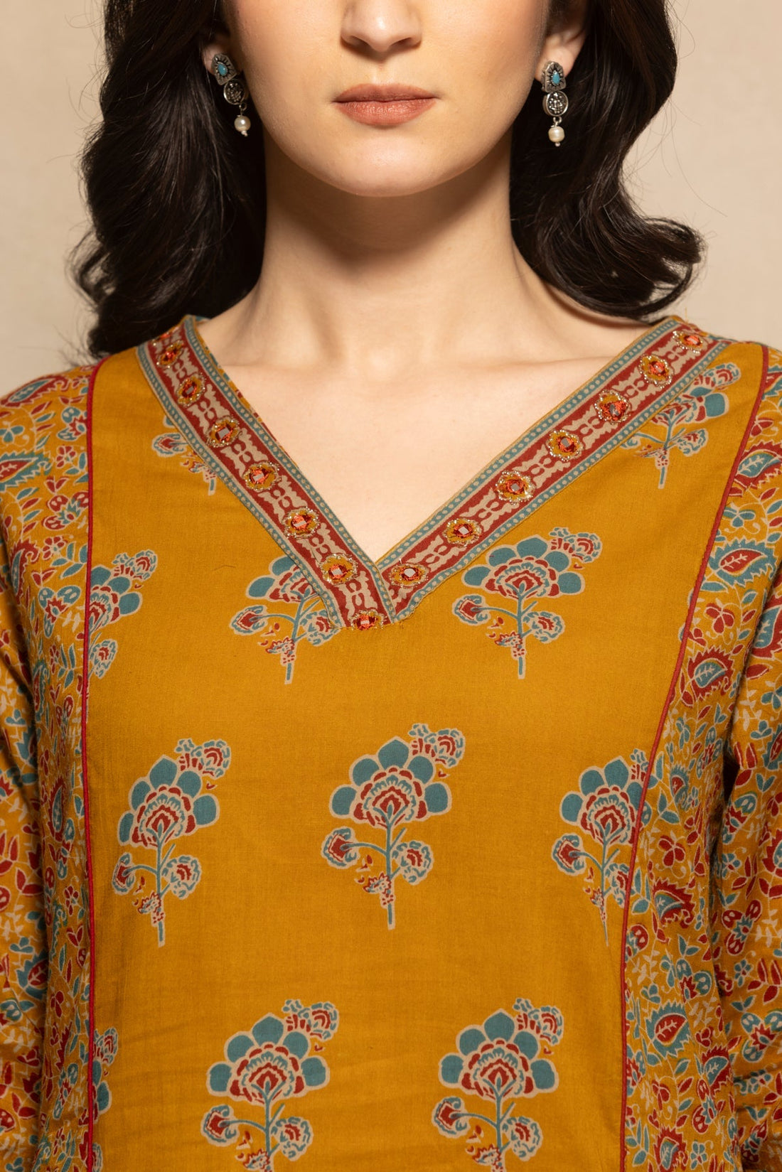 Mustard Floral Printed Kurta 3 Pcs Set