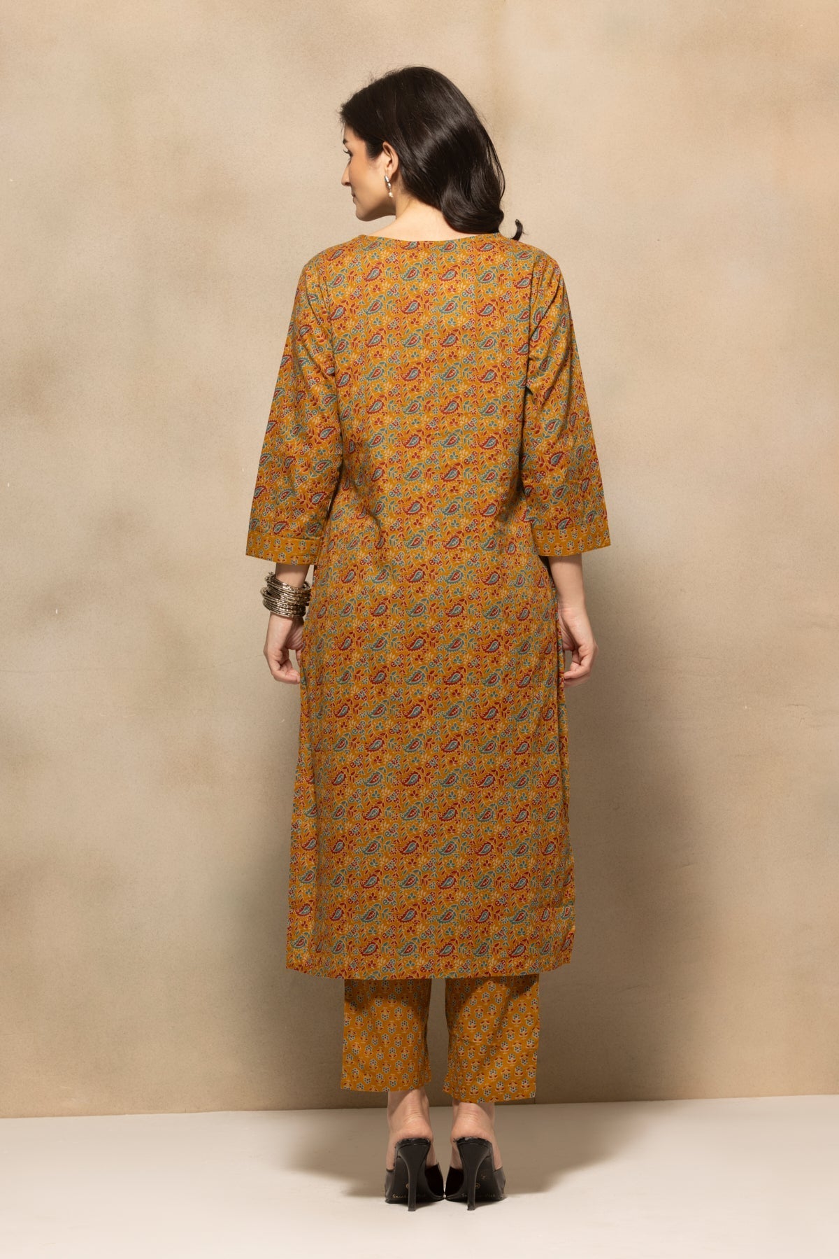 Mustard Floral Printed Kurta 3 Pcs Set