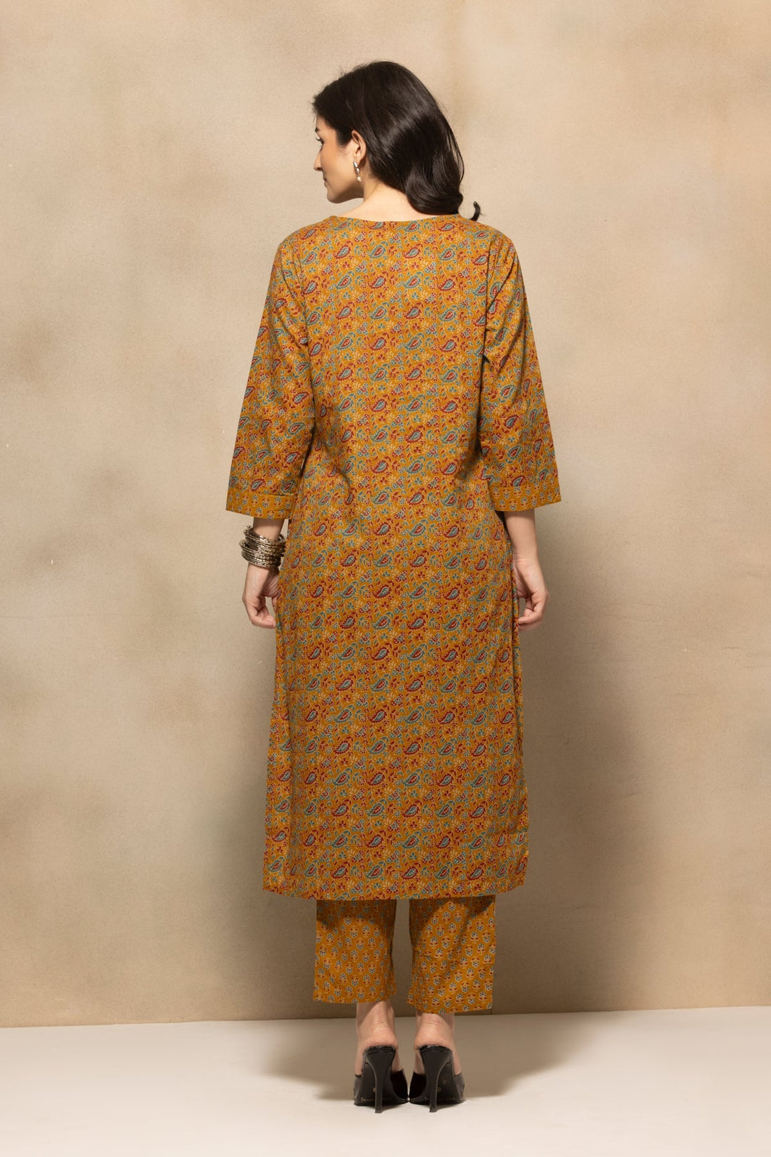 Mustard Floral Printed Kurta 3 Pcs Set