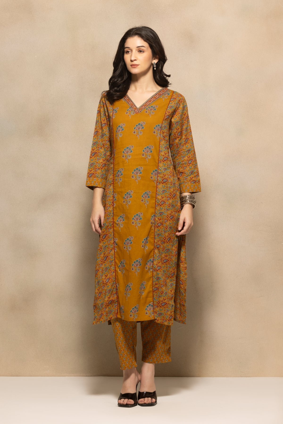 Mustard Floral Printed Kurta 3 Pcs Set