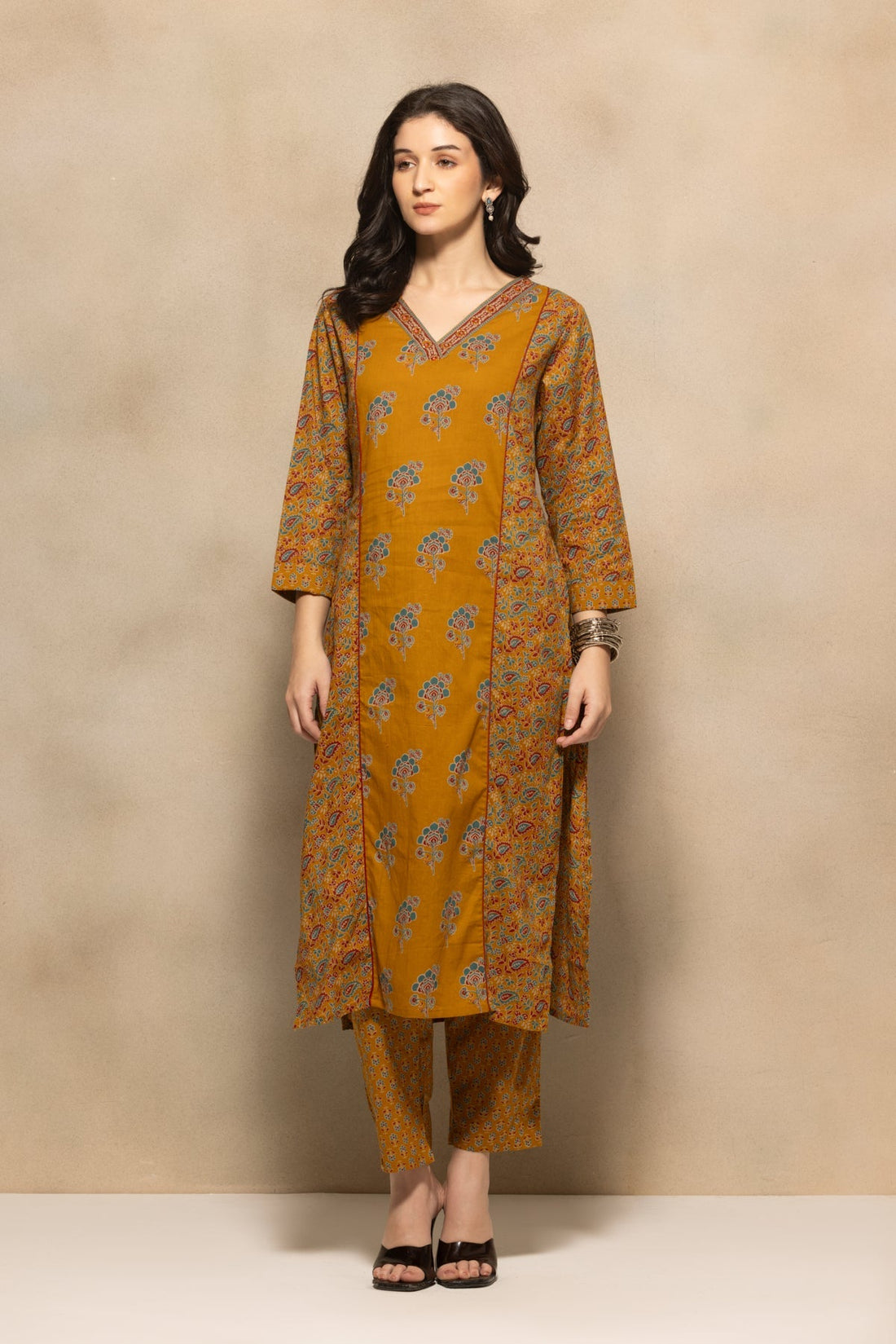 Mustard Floral Printed Kurta 3 Pcs Set