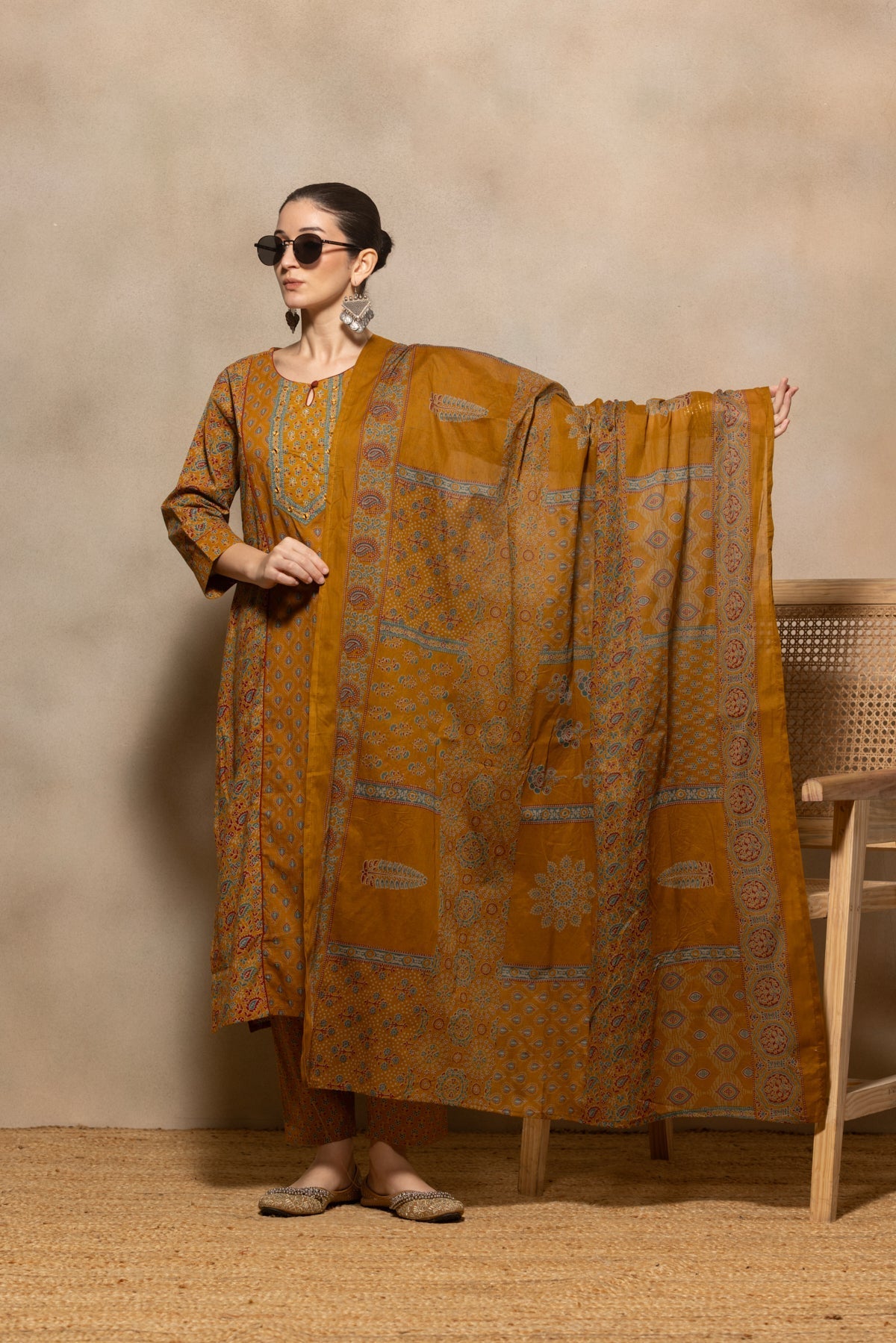Mustard Floral Printed Kurta 3 Pcs Set