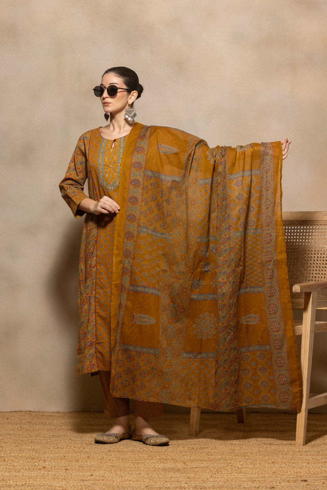Mustard Floral Printed Kurta 3 Pcs Set