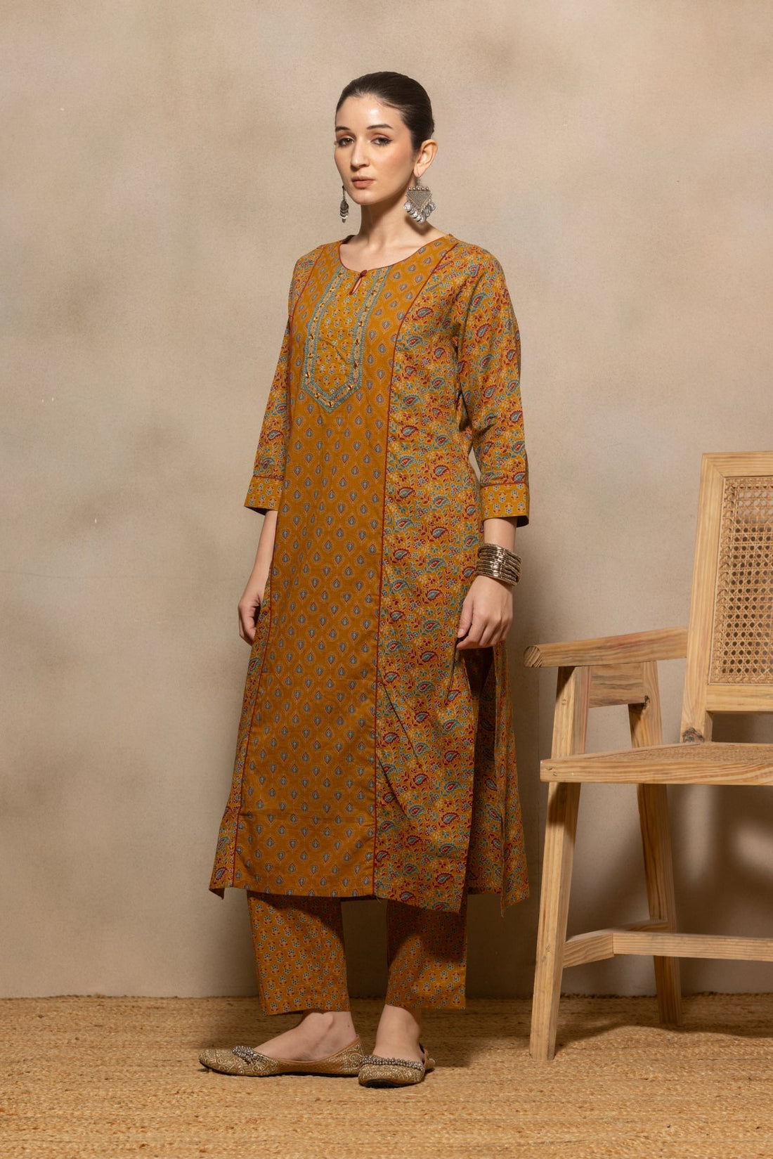 Mustard Floral Printed Kurta 3 Pcs Set