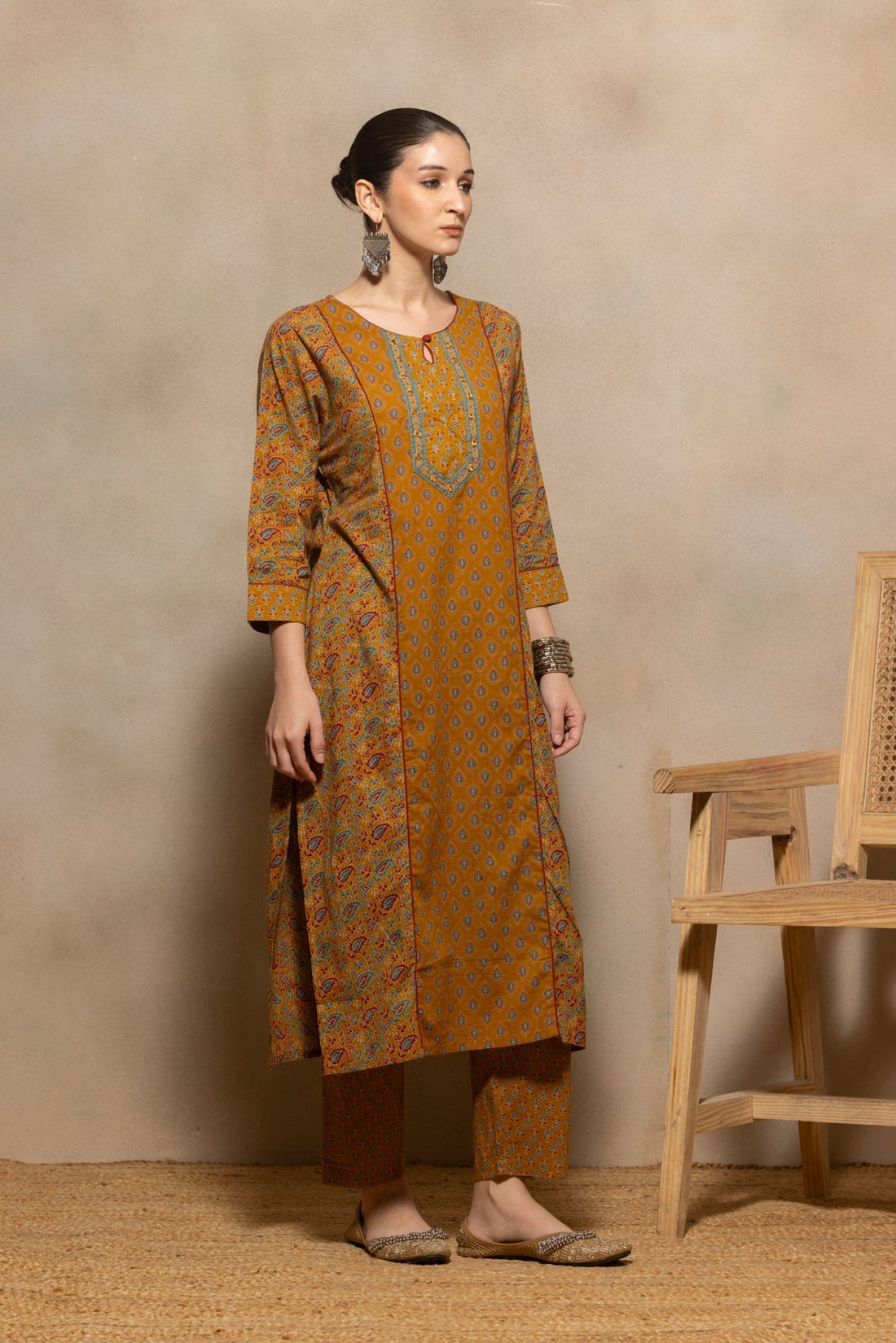 Mustard Floral Printed Kurta 3 Pcs Set