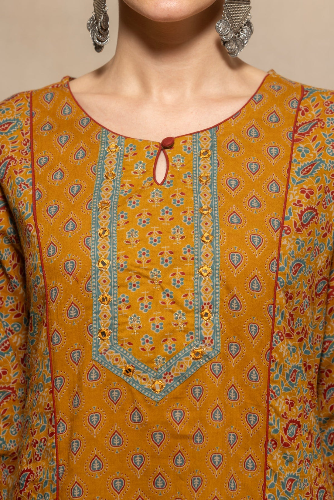 Mustard Floral Printed Kurta 3 Pcs Set