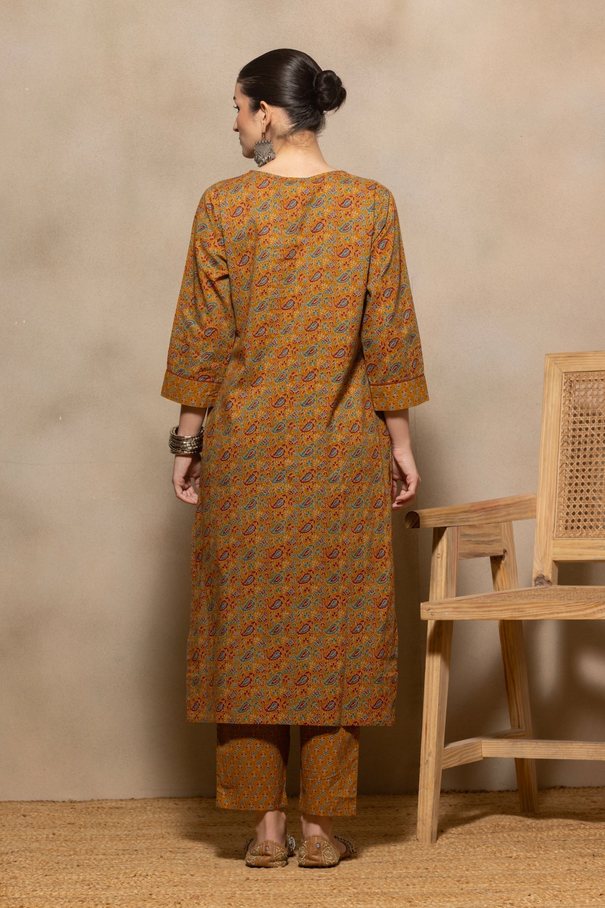 Mustard Floral Printed Kurta 3 Pcs Set