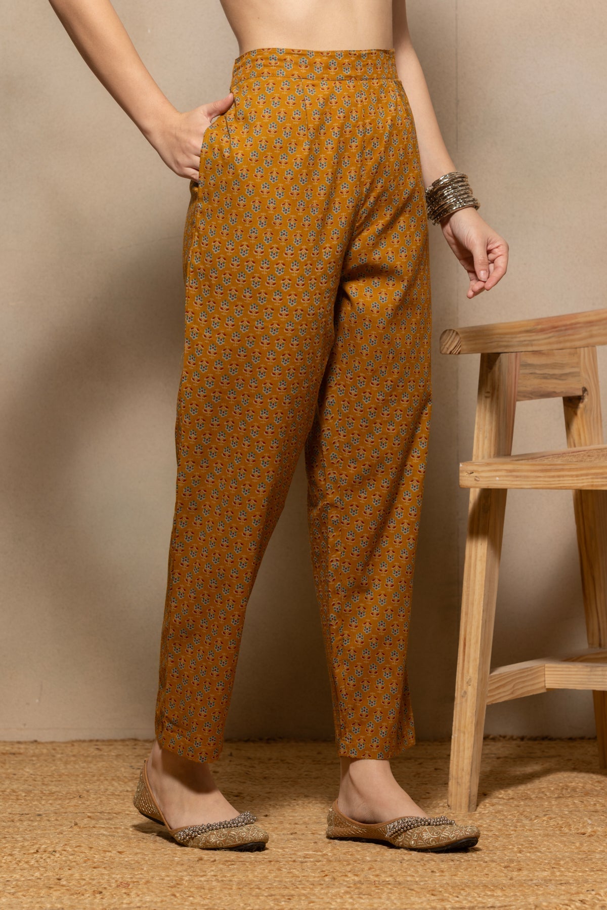 Mustard Floral Printed Kurta 3 Pcs Set