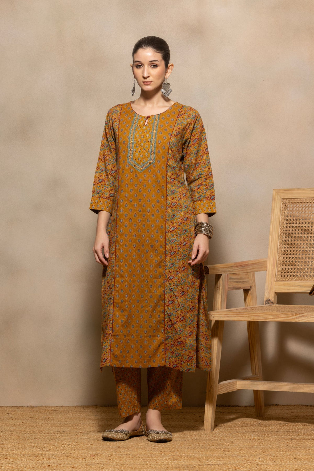 Mustard Floral Printed Kurta 3 Pcs Set