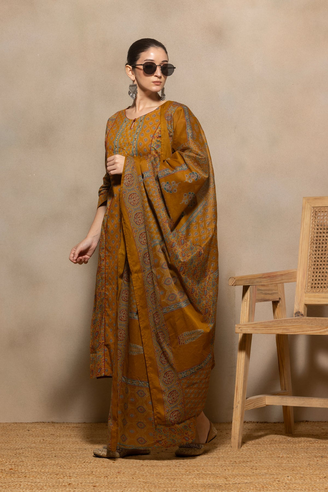 Mustard Floral Printed Kurta 3 Pcs Set