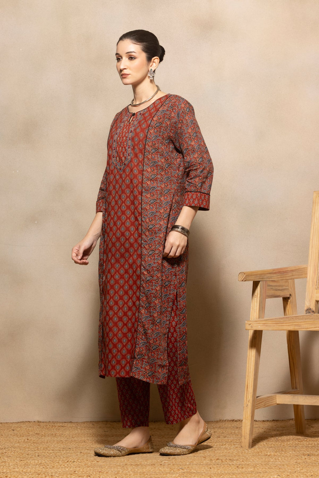 Maroon Floral Printed Kurta 3 Pcs Set
