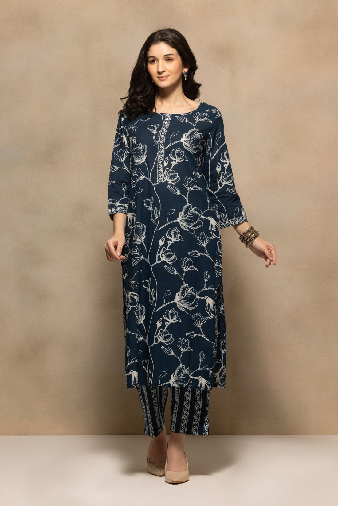 Navy Blue Floral Printed Kurta 3 Pcs Set