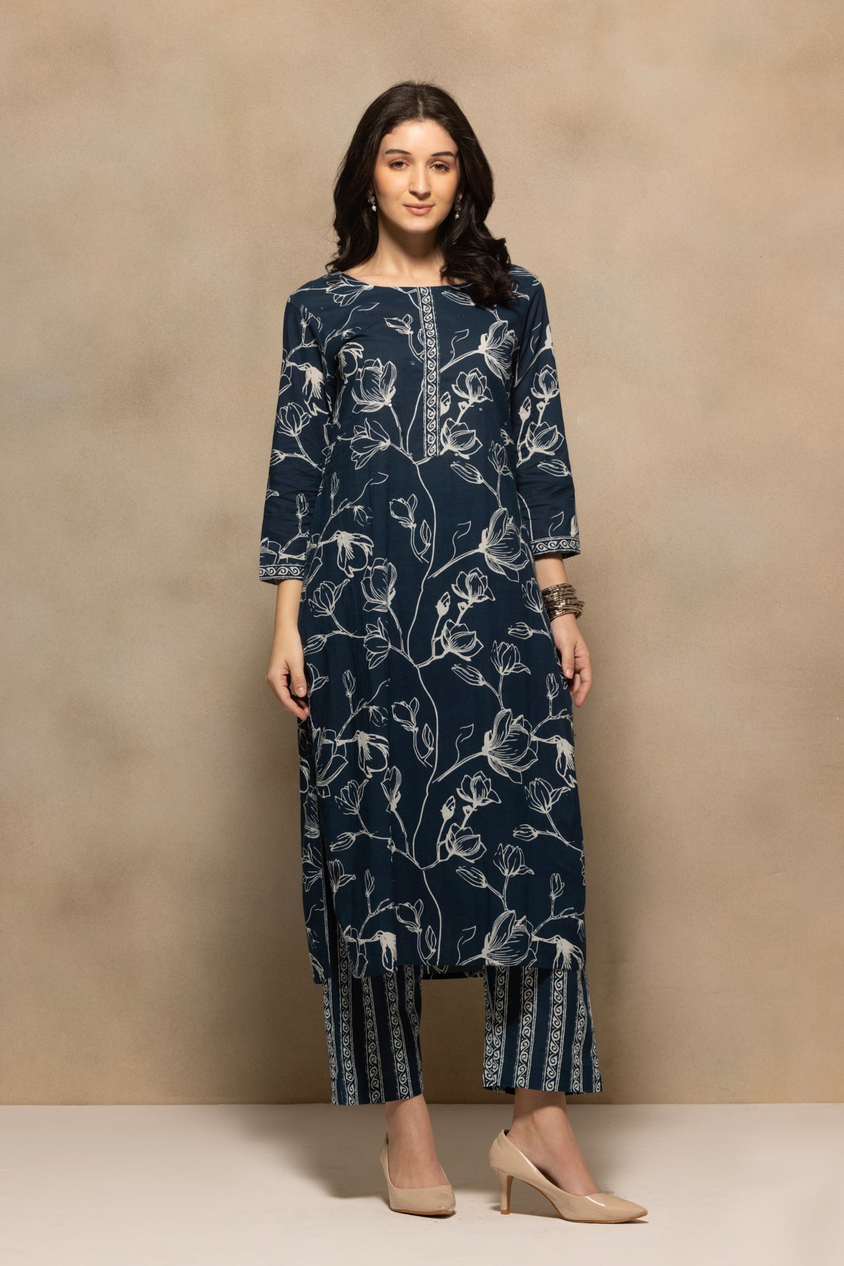 Navy Blue Floral Printed Kurta 3 Pcs Set