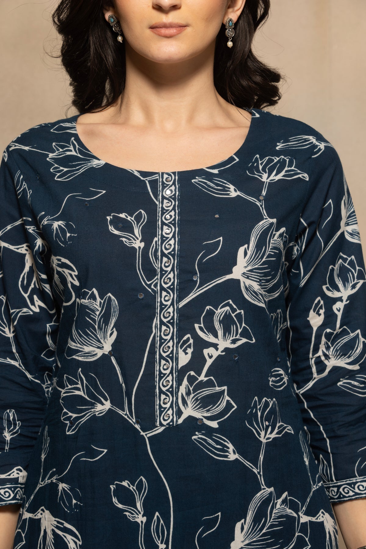 Navy Blue Floral Printed Kurta 3 Pcs Set