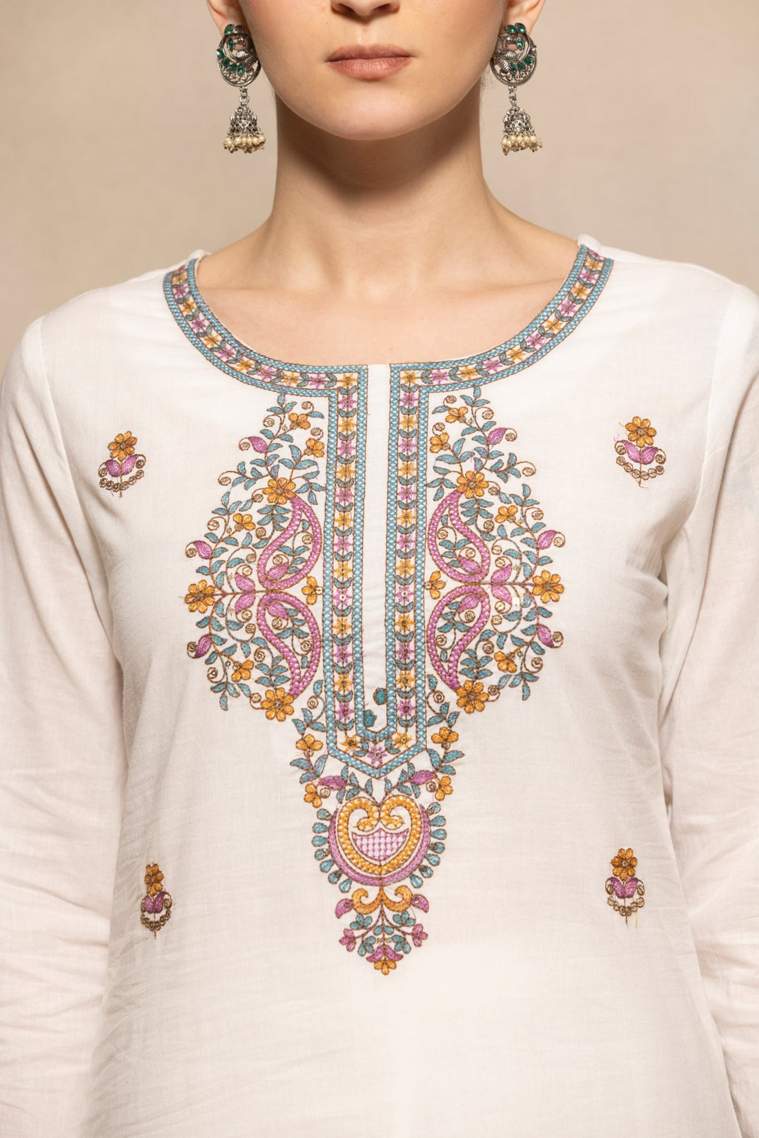 Cream Embroidered Kurta 3 Pcs Set