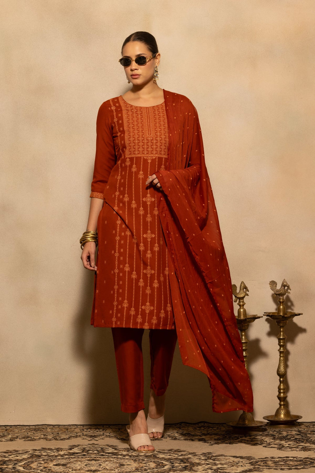 Rust Printed Kurta 3 Pcs Set