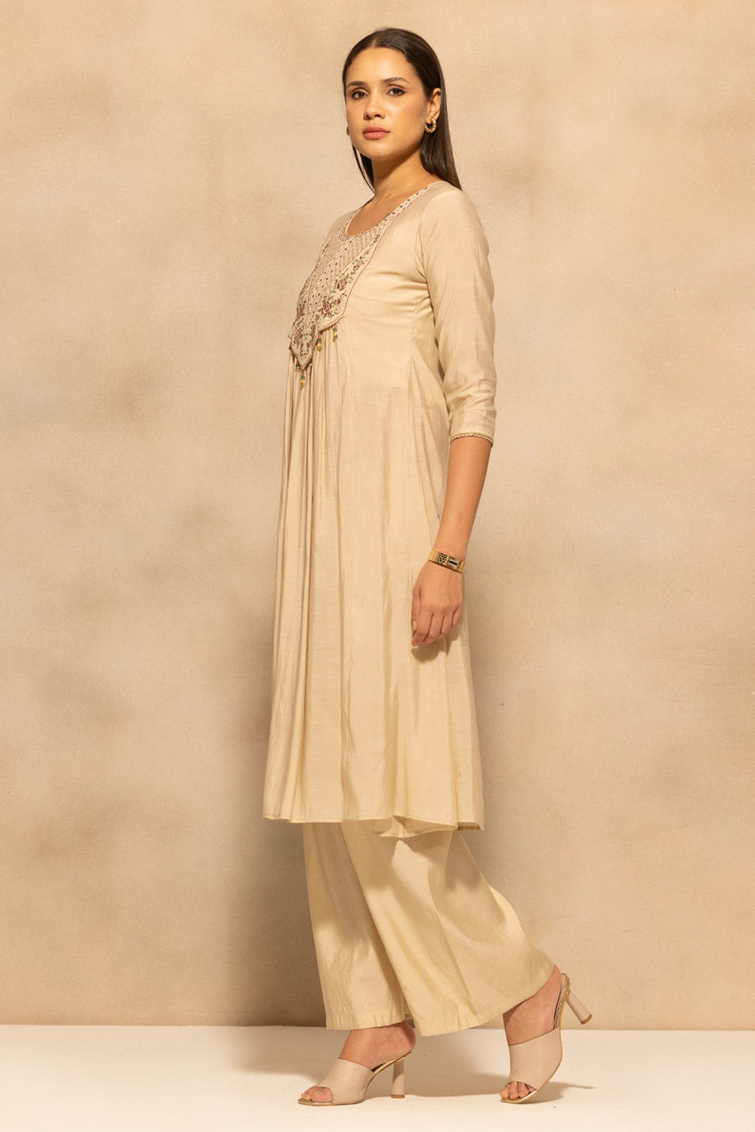 Beige Flared Embroidered Kurta 3 Pcs Set