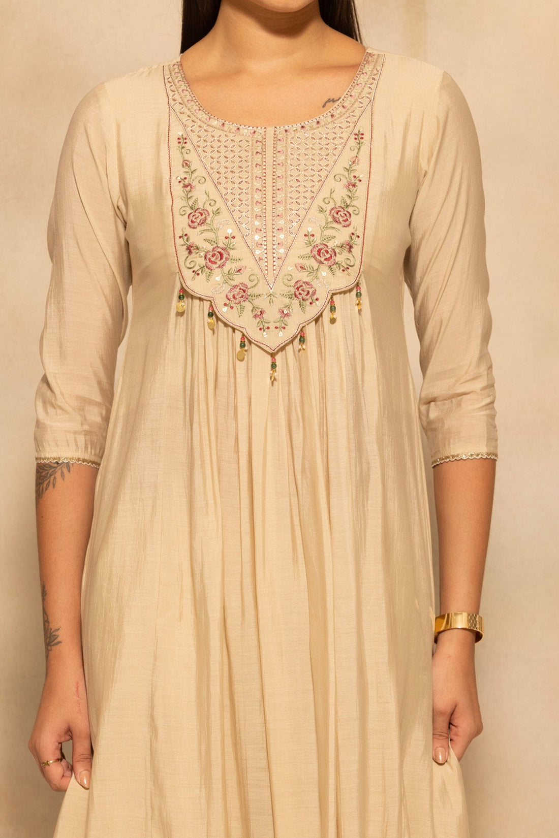 Beige Flared Embroidered Kurta 3 Pcs Set