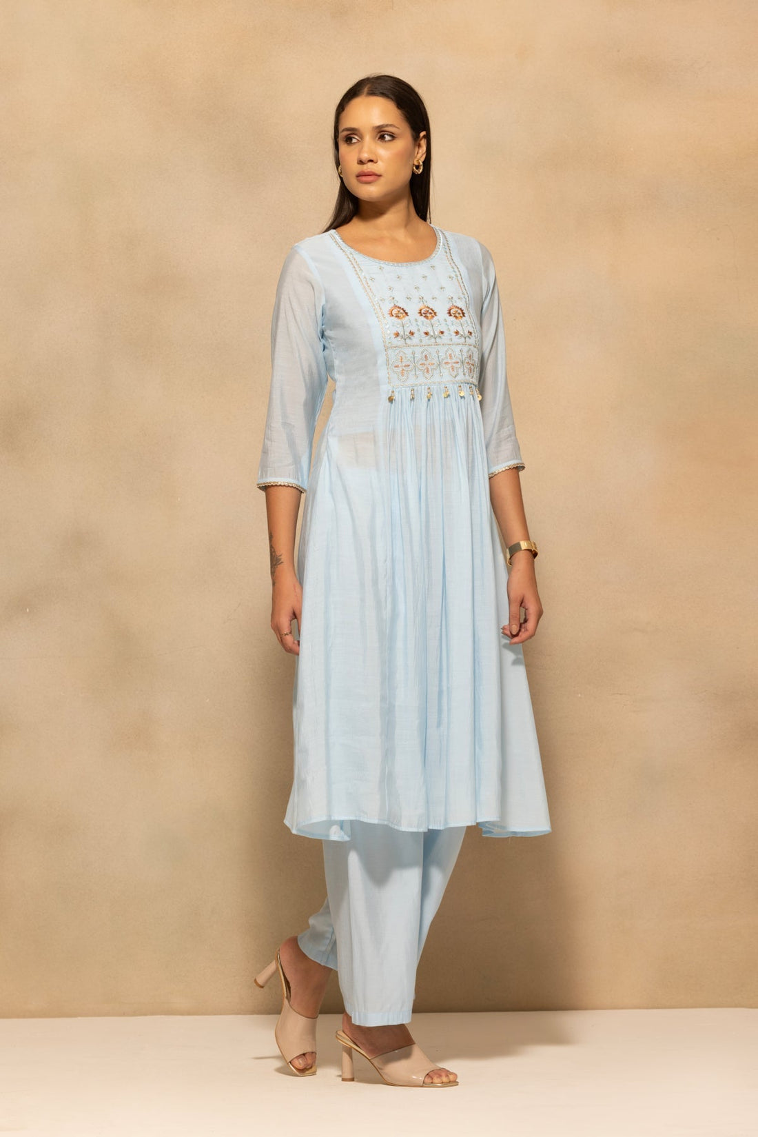 Blue Flared Embroidered Kurta 3 Pcs Set