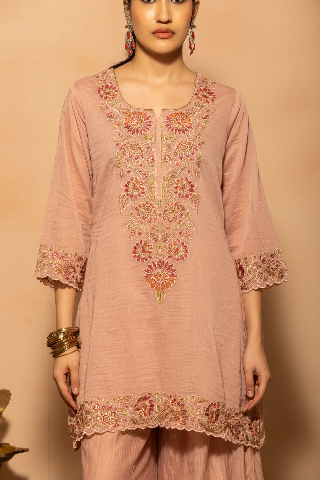 Pink A-line Embroidered Kurta 3 Pcs Set