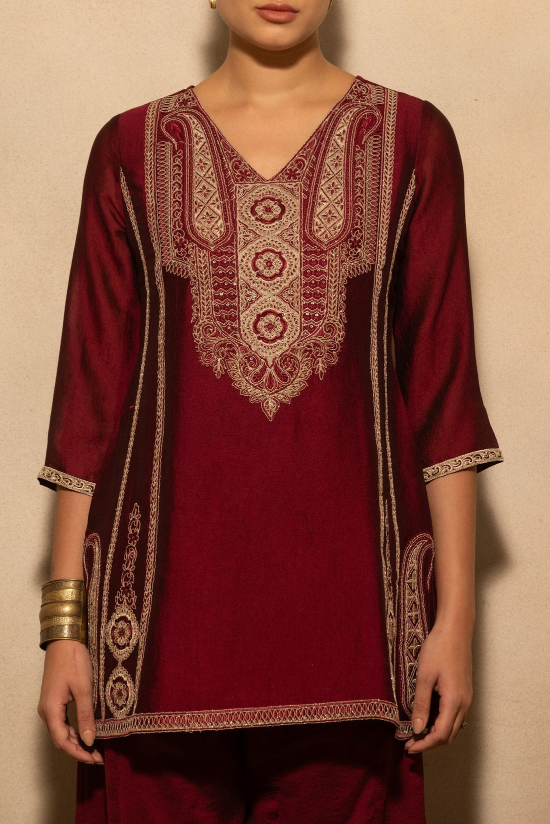 Maroon Embroidered Kurta 3 Pcs Set