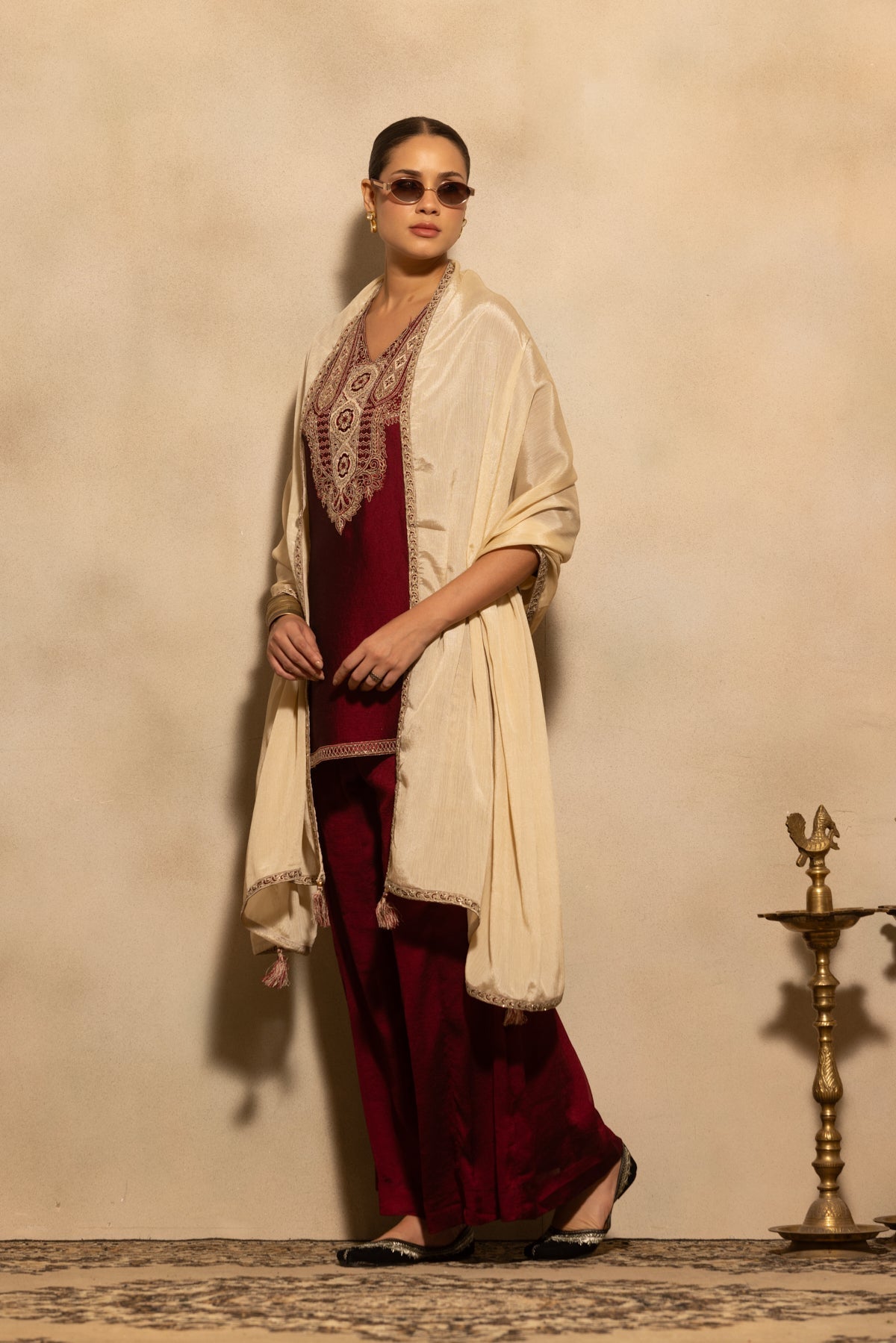 Maroon Embroidered Kurta 3 Pcs Set