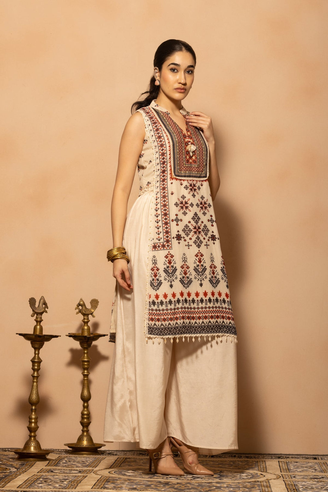 Cream Printed Kurta 2 Pcs Set
