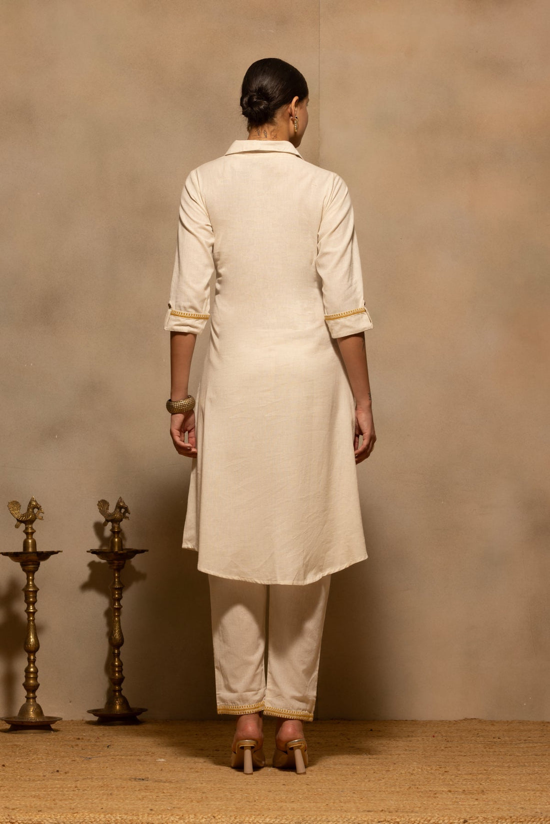 Beige A-line Embroidered Kurta Set