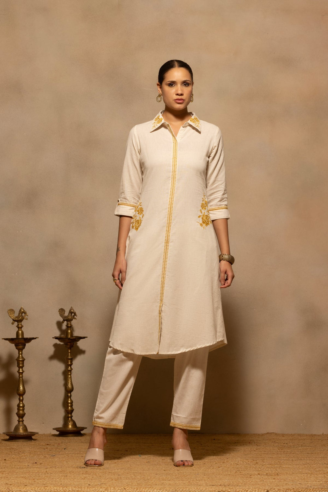 Beige A-line Embroidered Kurta Set