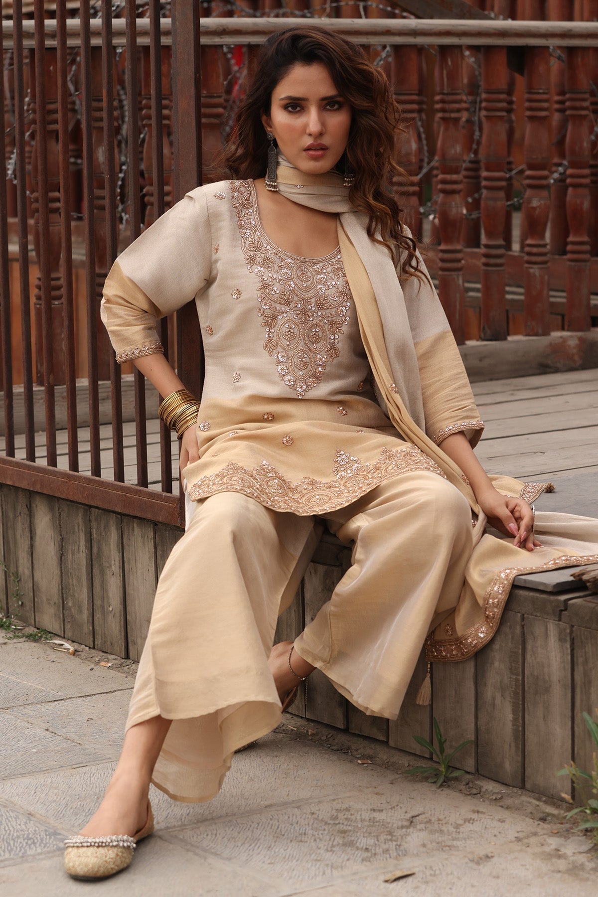 Beige Stone Embellished Kurta 3 Pcs Set