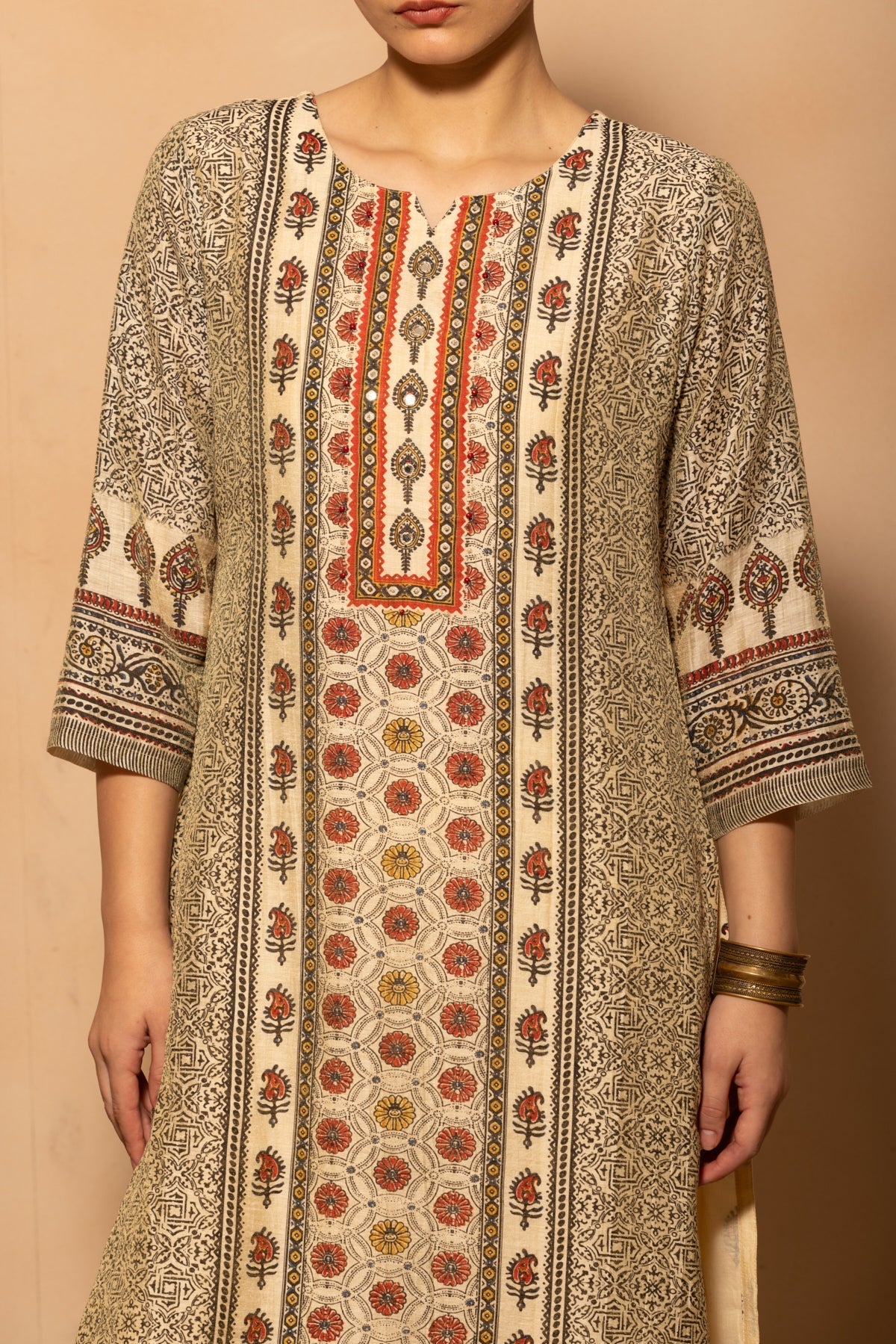 Cream Printed Kurta 3 Pcs Set