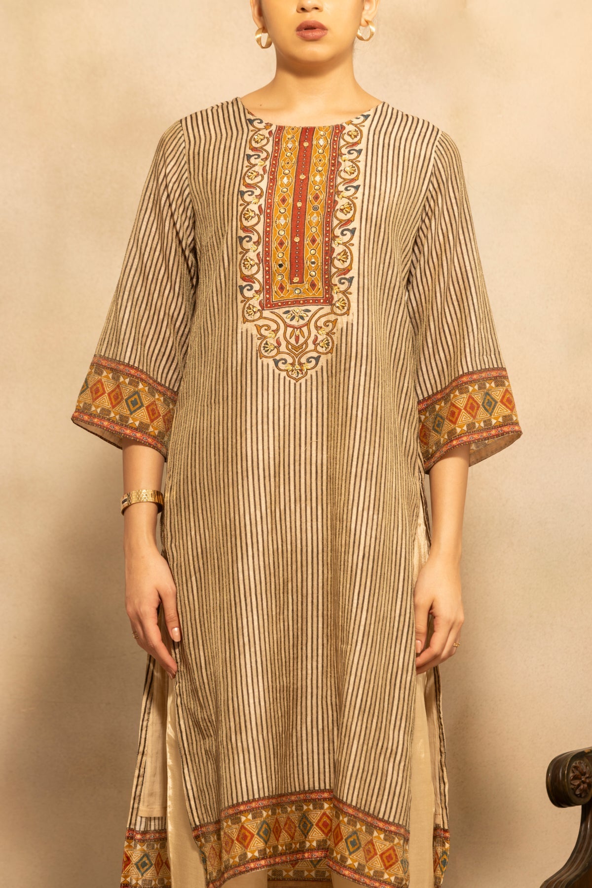Beige Printed Kurta 3 Pcs Set